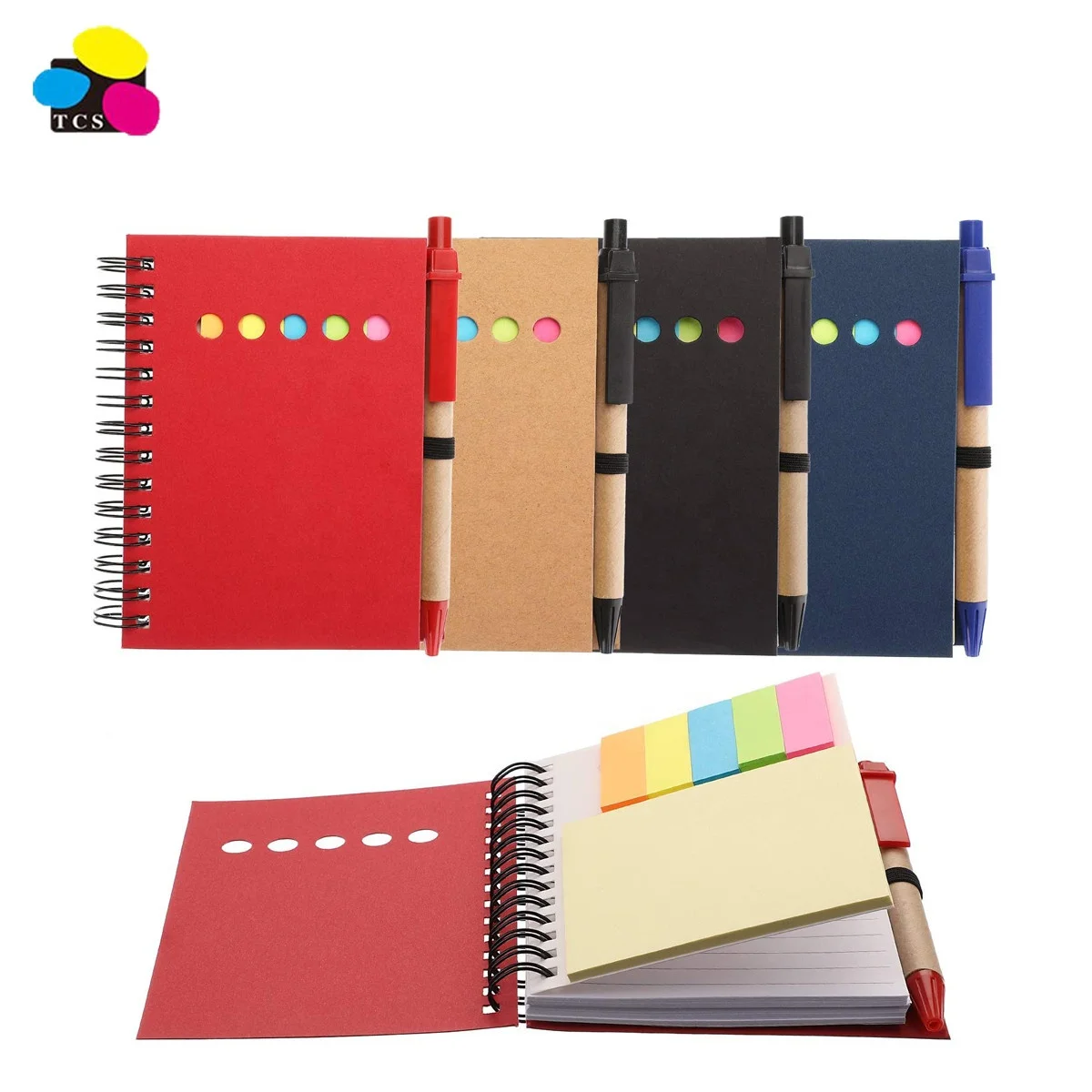 
Cheap price good quality 4 Pieces Kraft Paper Pocket Business Spiral Lined Notebook with Pen in Holder and Sticky Tabs 