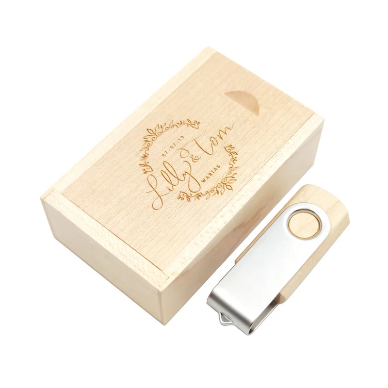 Custom Wooden Swivel USB Flash Drive 3.0 USB 2.0 Gift Box Wholesale Flash Memory USB 32GB Wood Rotating Pendrive 128gb