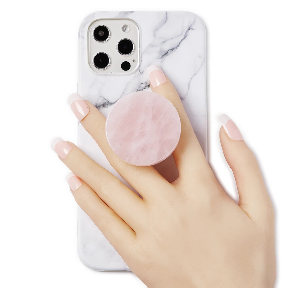 High quality natural gemstone smooth irregular hexagon phone accessories grip ,healing 3M crystal phone socket holder