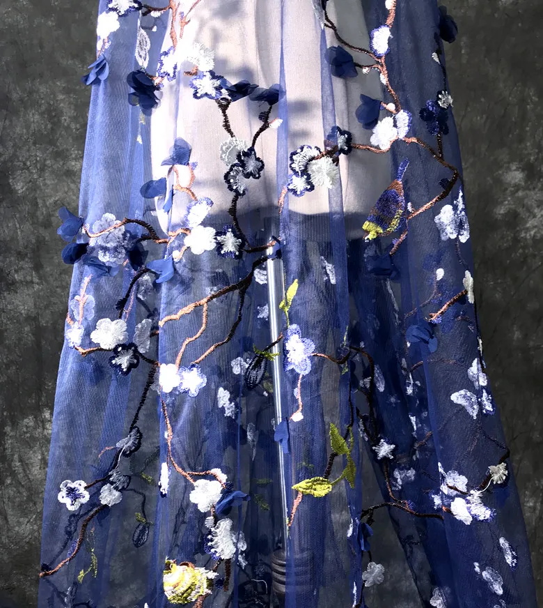 Black pink bright red three-dimensional chiffon flowers plum blossom birds embroidered mesh gauze material fabric gift clothing