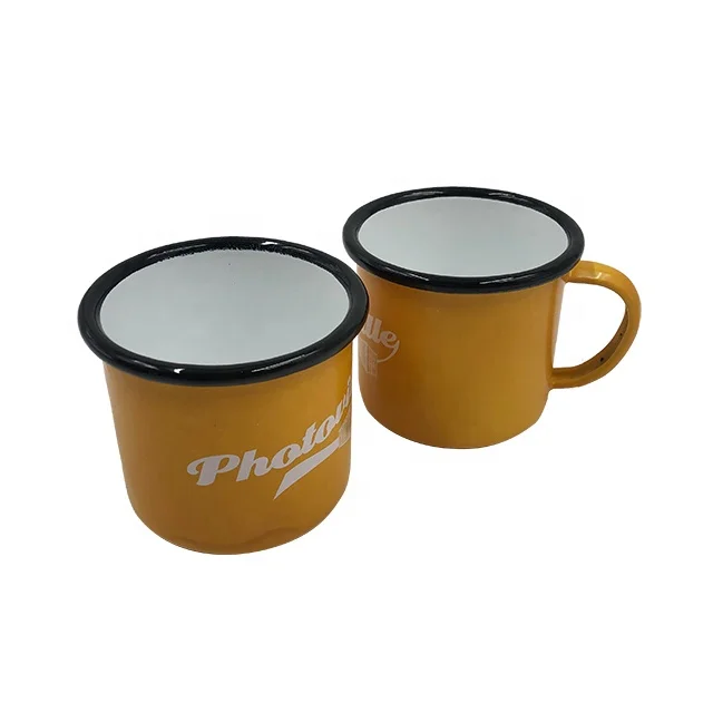 Logo printing custom enamel mug, custom steel enamel camping mug, white logo printing metal enamel cup
