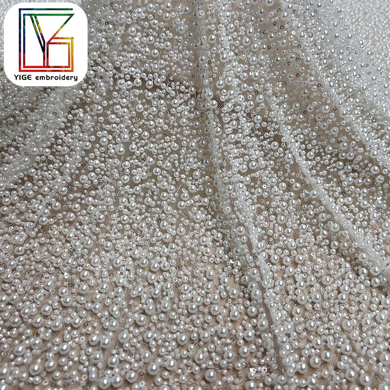 luxury white hand beaded fabric wedding tulle high density pearl lace bridal Beads sequin lace fabric