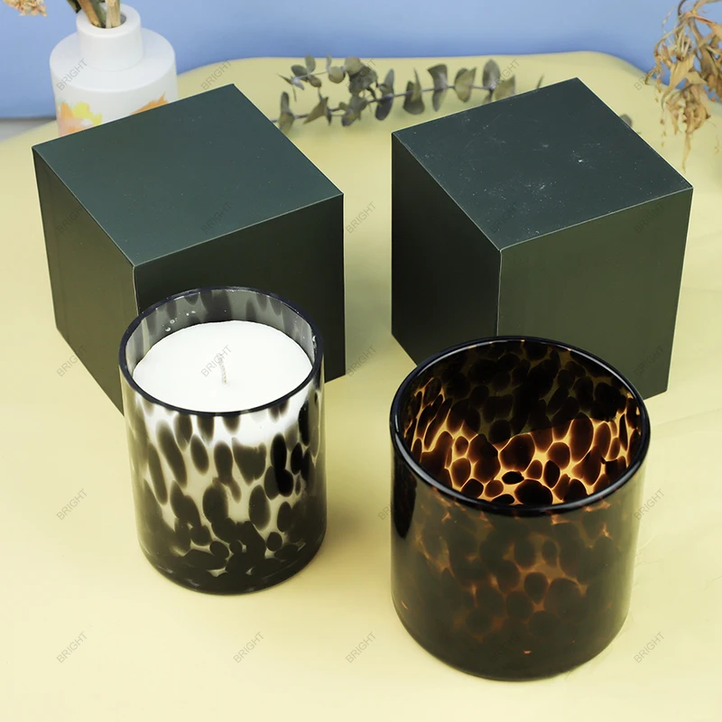 2024 New Arrivals  6oz/9oz/14oz Wholesale Empty Customize  Leopard Printed Candle Jars Luxury Black Candle Glass Jar & Holder
