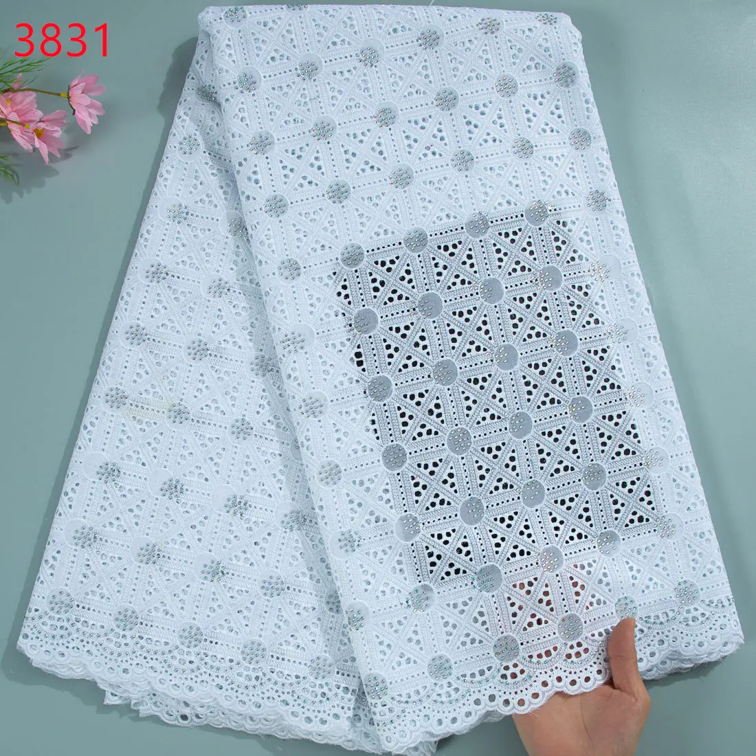 3831Luxury High Quality African Embroidery Cotton Lace Fabric With Shiny Crystals Swiss Lace For Dresses Sewing