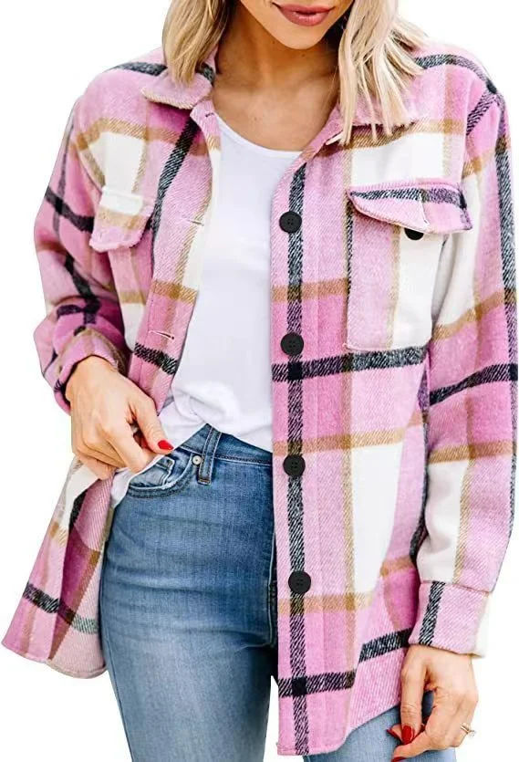Vintage Stylish Pockets Oversized Plaid Jacket Coat Womens washed Plaid Shirts Button Down Flannel Long Sleeve Shirts Jackets