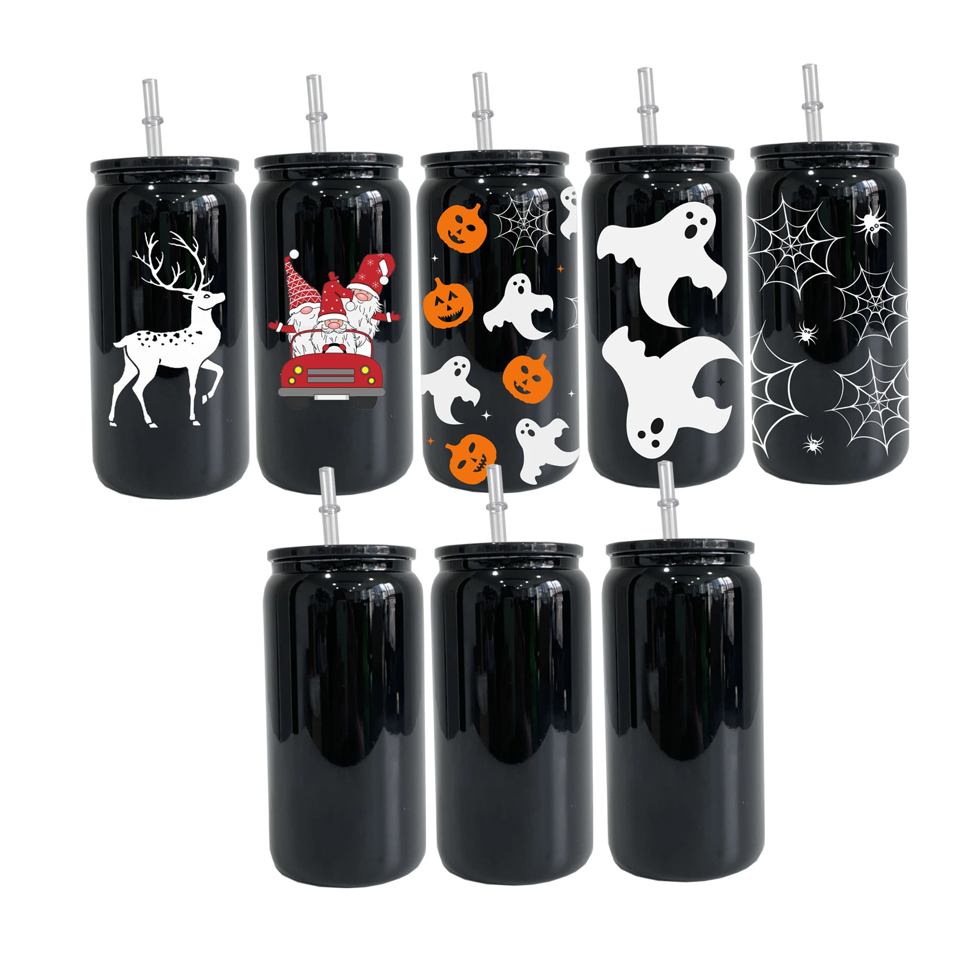 Wholesale bulk black glass can 16oz beer glasses Recyclable Borosilicate black 16oz beer can with clear plastic straw for vinyl