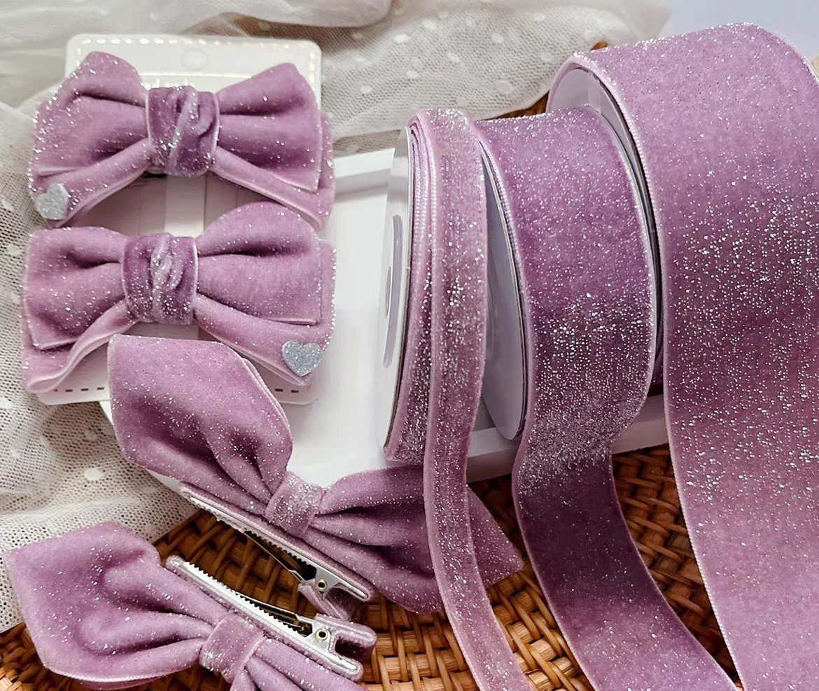 Glitter star dot velvet flocking ribbon New Year wedding decoration ribbon handmade DIY jewelry box packaging ribbon