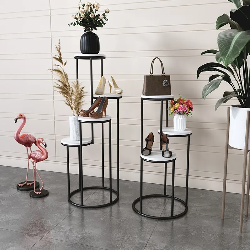 Modern store mall wooden or marble top metal frame gold shelf shoes show rack bag display stand