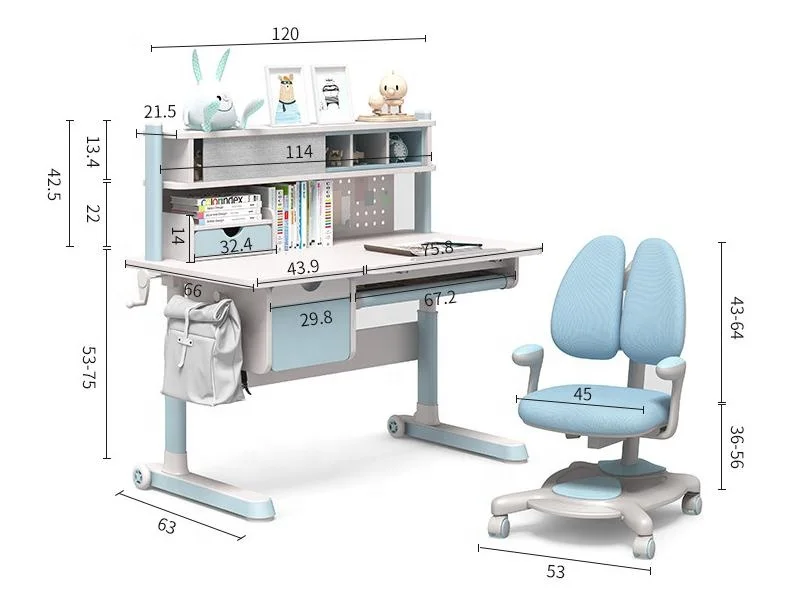 Wood top metal frame height adjustable study table and chaire for kids children furniture customized
