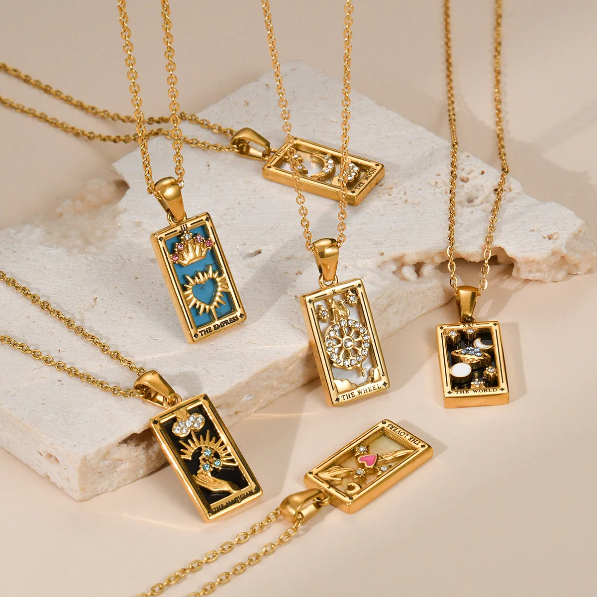 Stainless Steel Trendy Crystal Enamel Sun Moon Square Tags TAROT Pendant Necklace