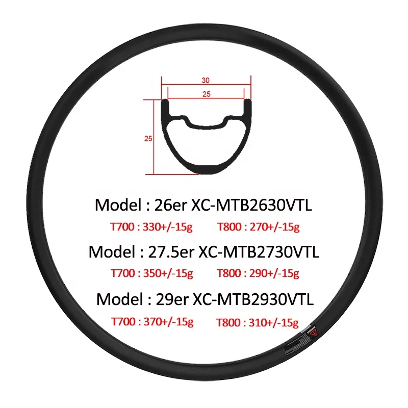 
High Quality 30mm Wide 25mm Deep 26er/650B/29er Lightweight Carbon MTB Rim XC Mountain Bike Tubeless 27.5er Rims 