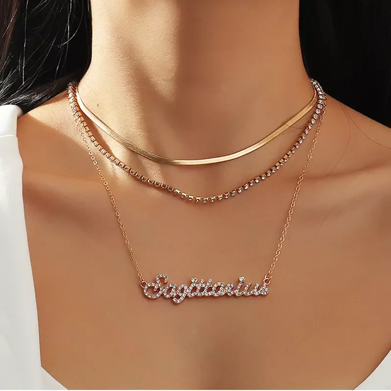 Personalised 12 Horoscope Dainty Women Stainless Steel Multi Layer Zircon Zodiac Sign Necklace Gold Plated Snake Chain Necklace