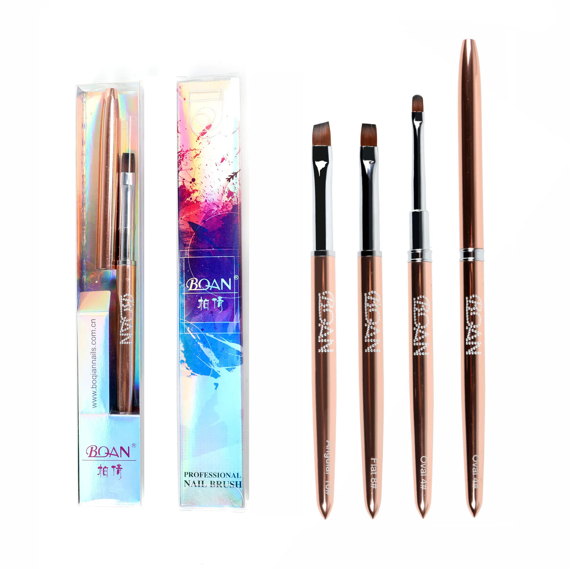 Hot Sale Rose Gold  Metal Handle Nylon Hair Flat Oval Angular Nail Gel Brush