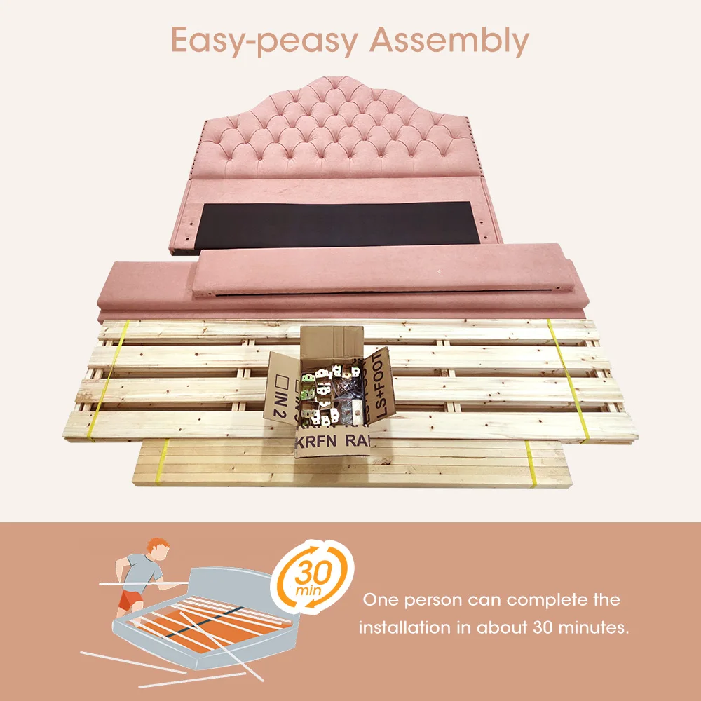 Customize mattress foundation sleep beds base wood platform velvet button-tufted padding headboard wooden upholstered bed frames