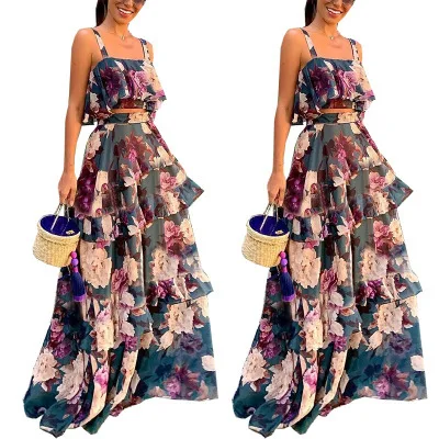 2021 Fashion Wholesale 2 Piece Sleeveless Crop Top and Maxi Skirt Sets Layered Floral Ruffle Cake Women Dress