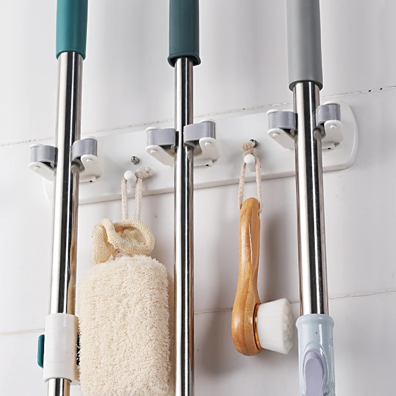 Factory Good quality wall mounted nail free set of three mop & broom holder 3 holders with 2 hooks tool organizer