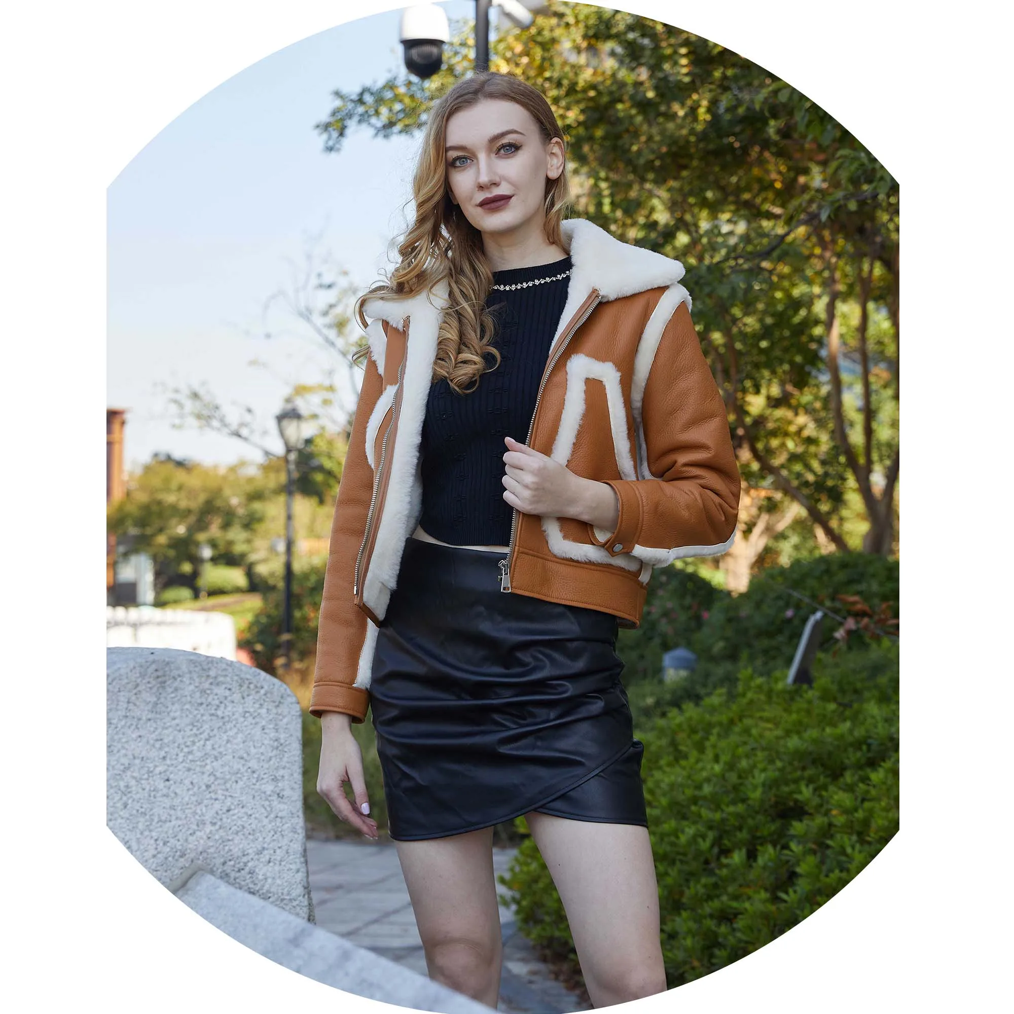 Wholesale Price Women Windproof Thick Warm Sheep Doubleface Leather coat