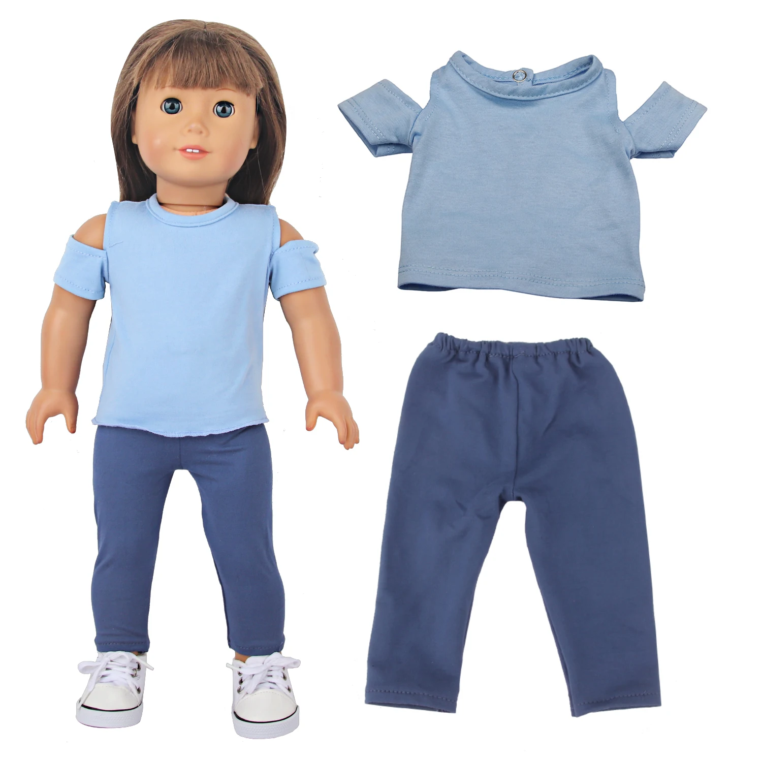 FREEDOM OCTOPUS Fast Ship Sky Blue Dew Shoulder T-shirt And Pant 2 Pcs Clothes Set For 18 Inch Doll