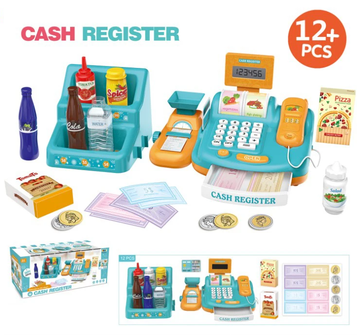 DIY Pretend multi-function intelligent shopping supermarket fruit scan cash register toy set with microphone