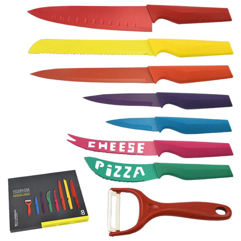 Royal stainless steel non stick coating 8 pcs color swiss line chef knife set with colored handle