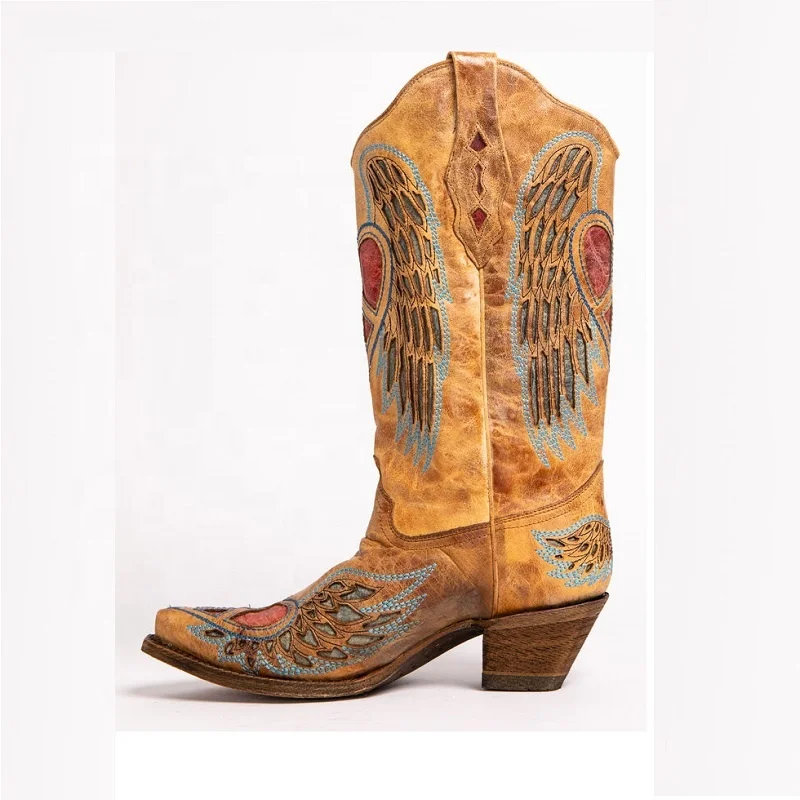 
Cowinner Woman Inlay Embroidered Cowgirl Boot Embroidery Inlay Leather Boots Snip Toe 
