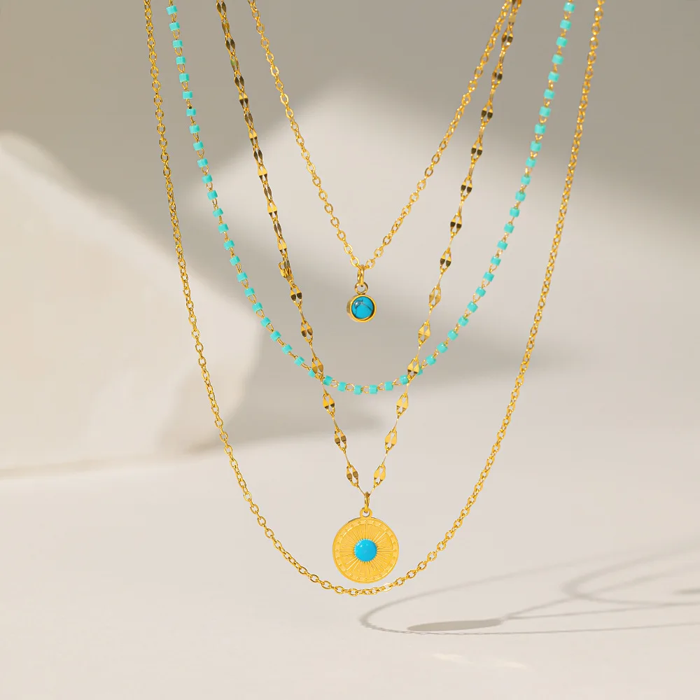 Green Stone Necklace For Women Bohemian turquoise eye pendant multi-layer Stainless Steel set Chain Choker Wedding Party Jewelry