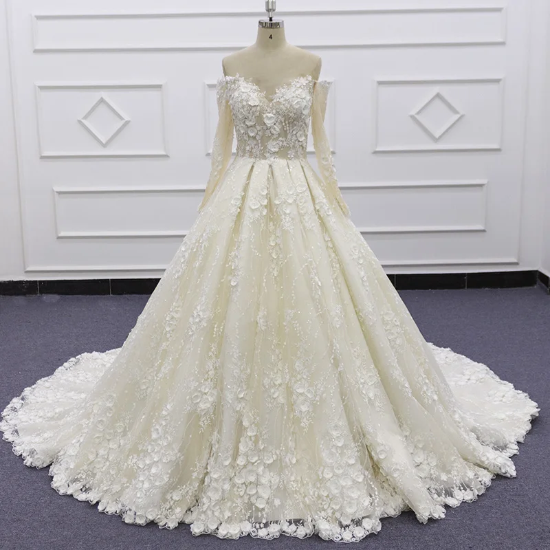 Eslieb SJ105-2 real photo wholesale price champagne sweetheart long sleeve 3D flower lace wedding dress ball gown