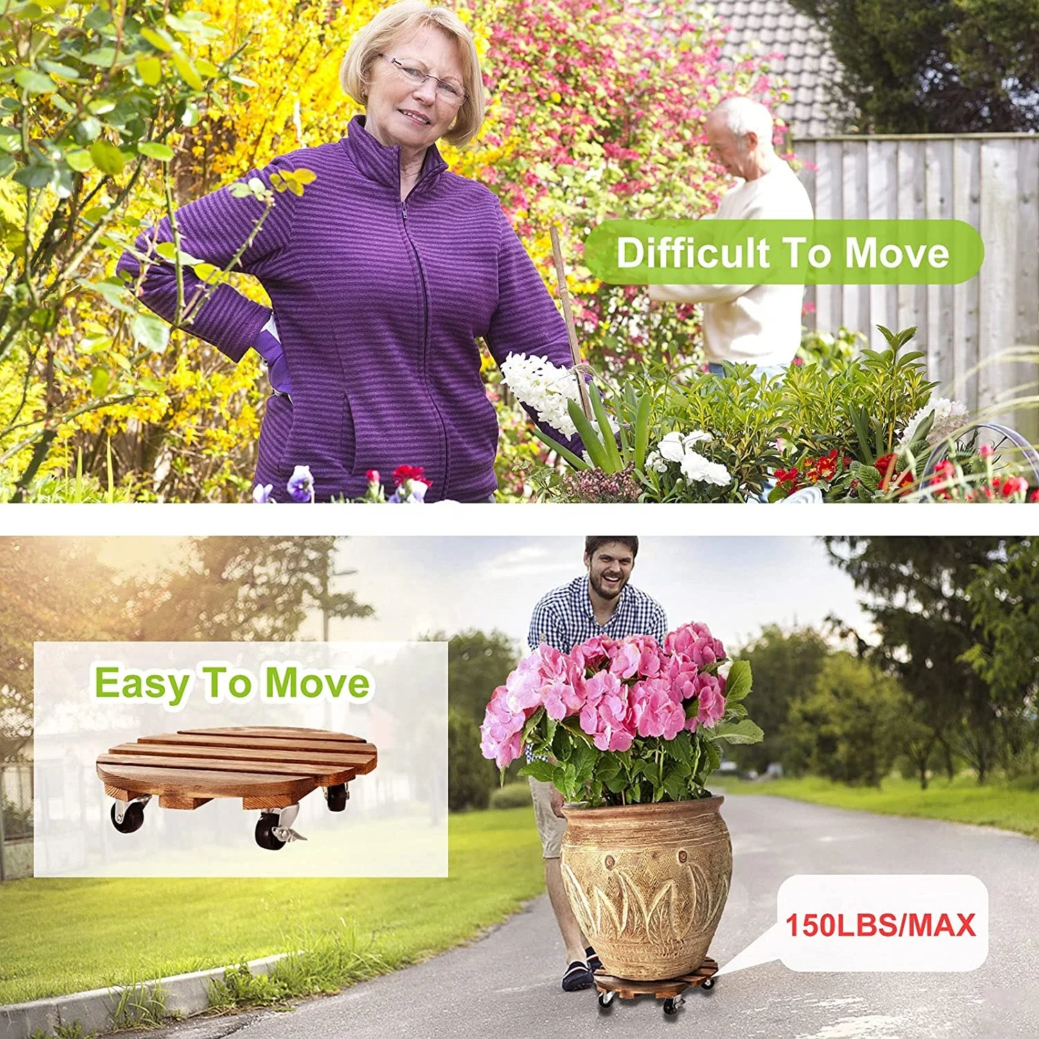 Wooden Round Plant Caddy Plant Stand with Wheels Heavy Duty Rolling Plant Stand Dolly Rollers Cart with Metal Lockable Casters