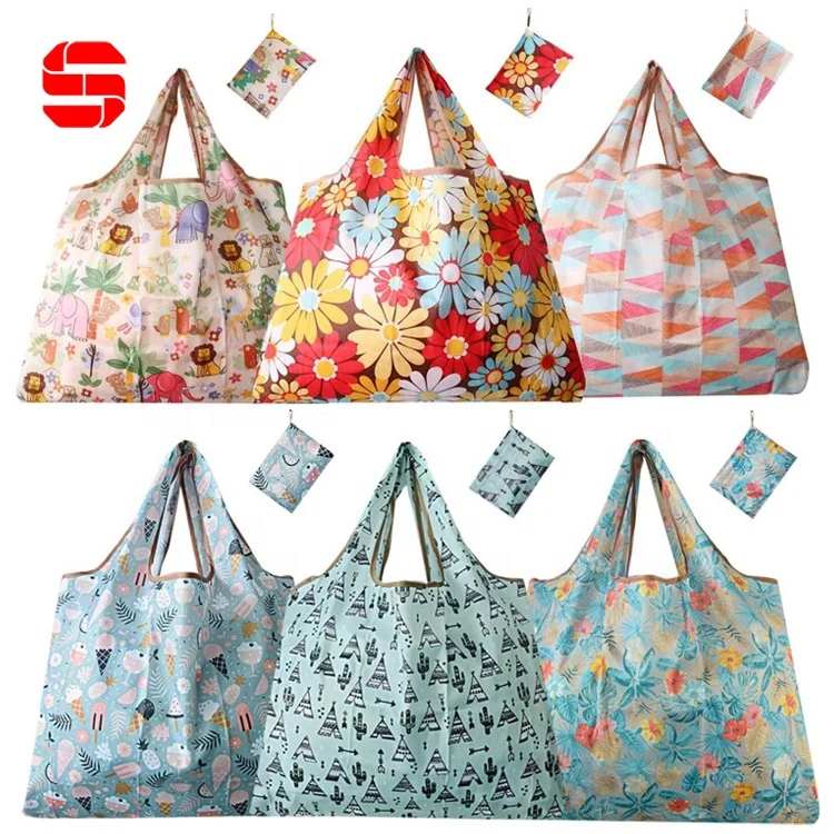 Custom Tote Bags Promotion Sublimation Printed Eco Nylon Recycled Foldable Reusable Grocery Polyester Shopping Bag with logos