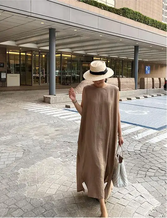 2024 New Summer Linen Dress Women Casual Long Loose Plus Size Sleeveless Round Neck Dresses Clothing Woman Natural Adults