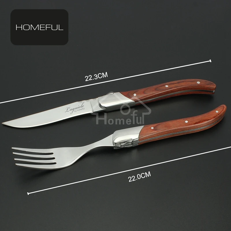 luxury pakka woodhandle stainless steel flatware set steak knife set with laguiole table steak knife fork