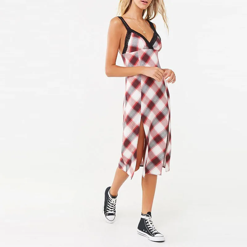 Высокое качество модные повседневное летние платья для женщин леди плед M разрез миди платье