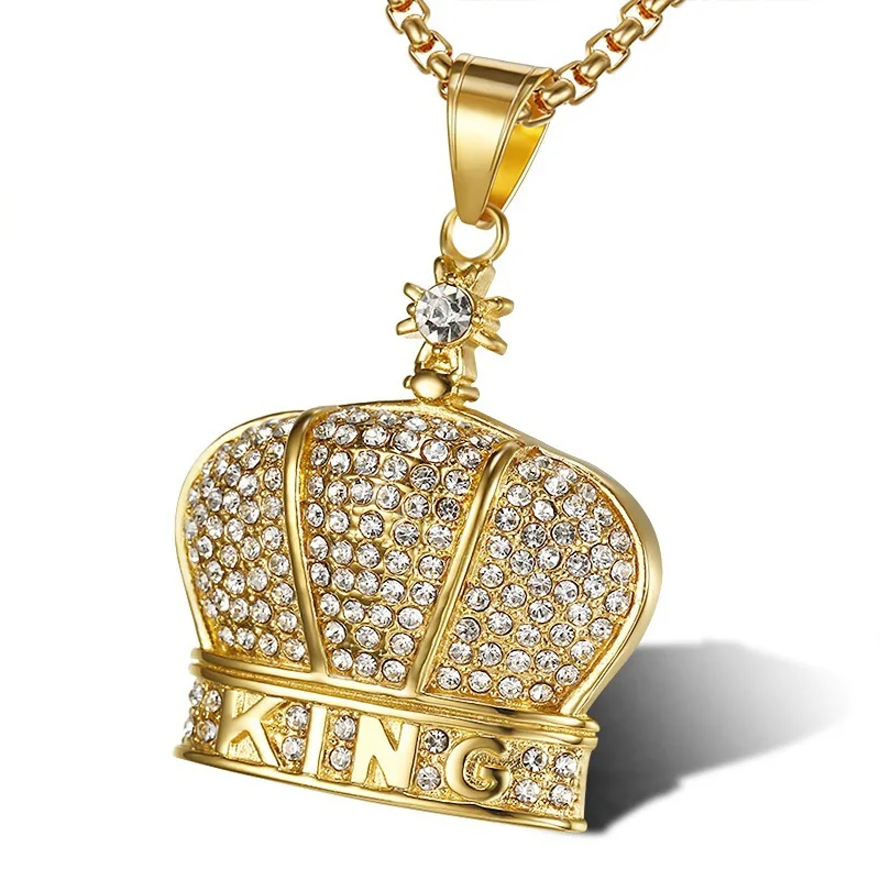 Fine fashion stainless steel jewelry charms crown pendants gold plating men King necklace