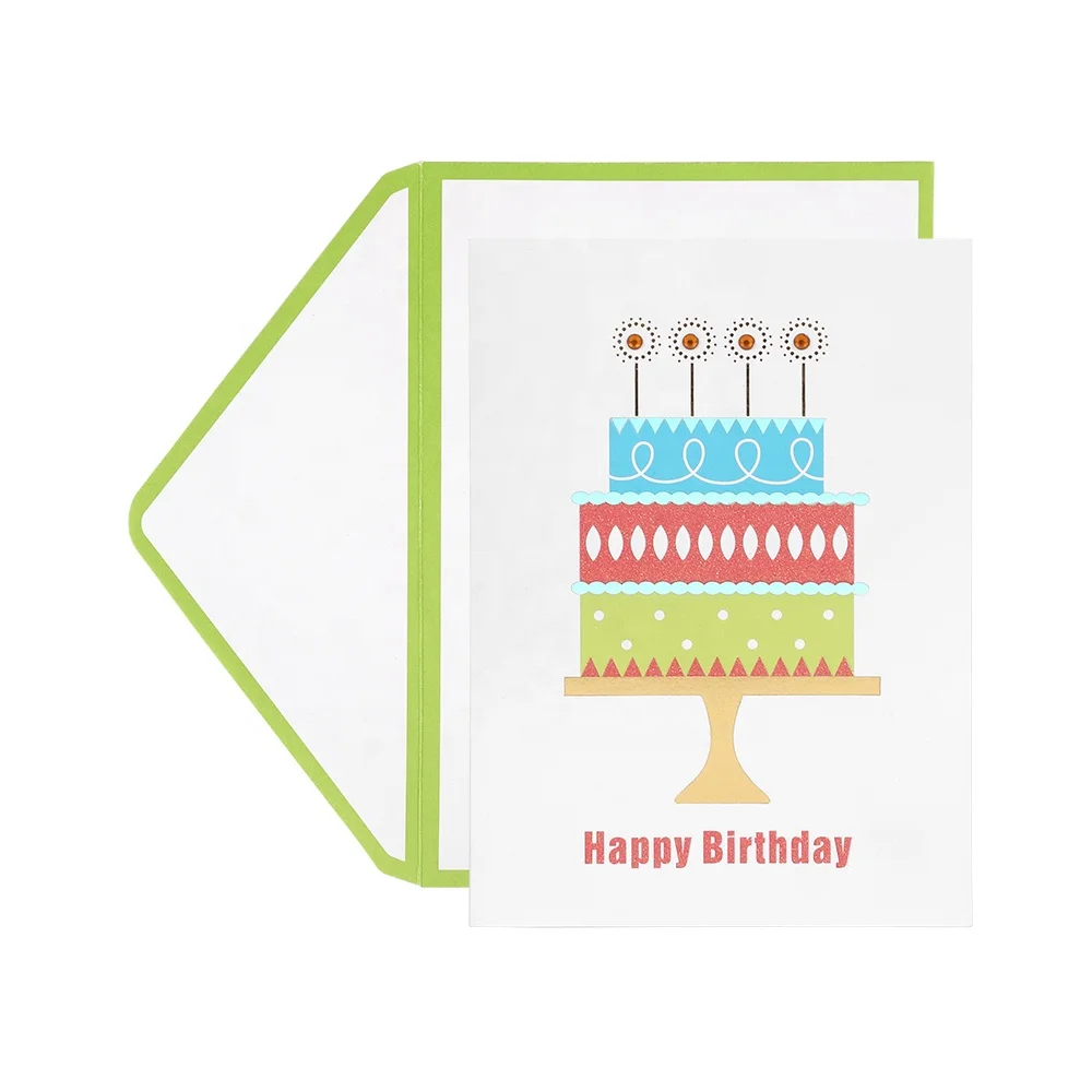 
Best Seller Luxury Gold and Holographic Foil Cake Happy Birthday Greeting Cards with Glitter 
