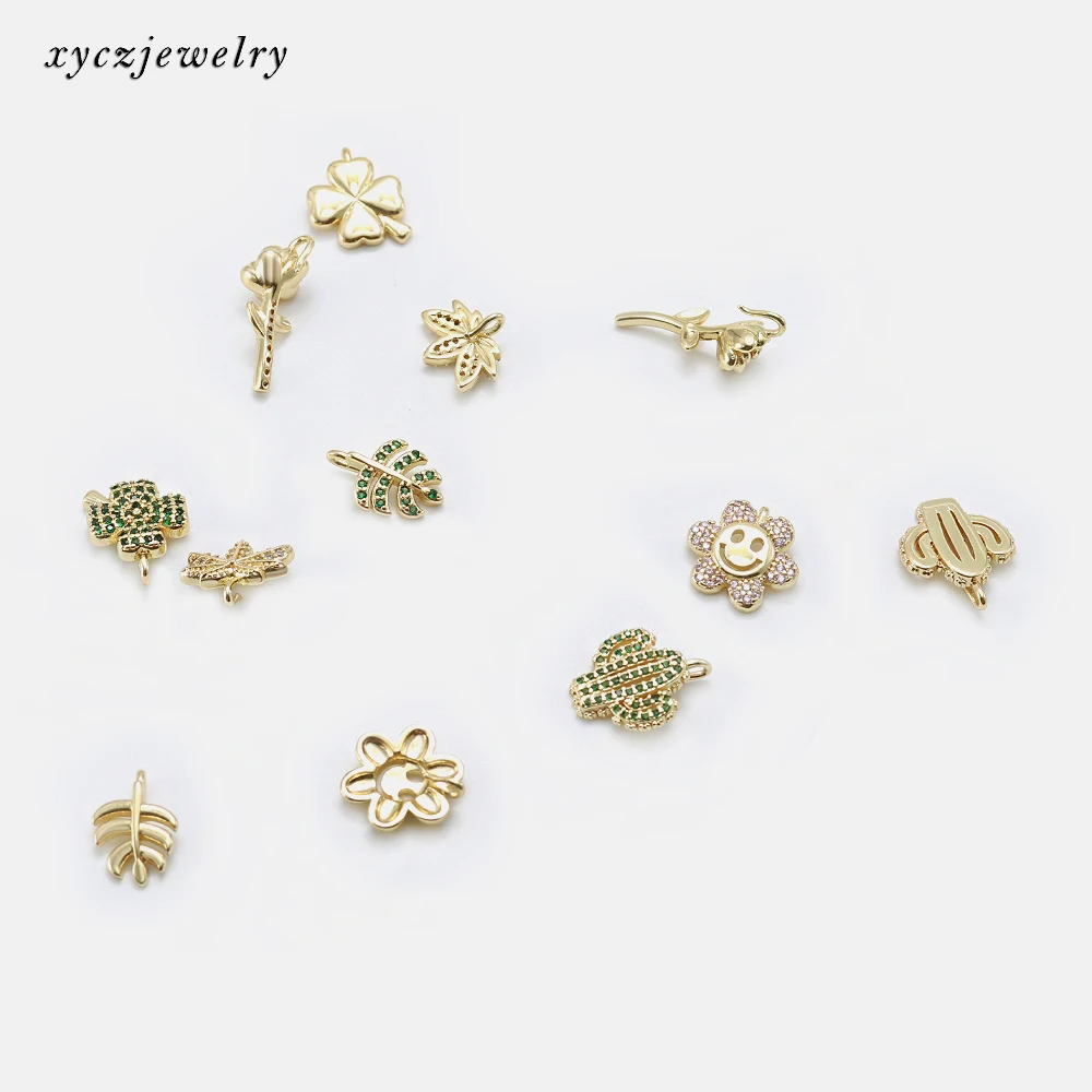 Beautiful Plant DIY Charms Rose Leaf Sun Flower Cactus 4 Leaf  Clover Gold Plated CZ Plant Charms