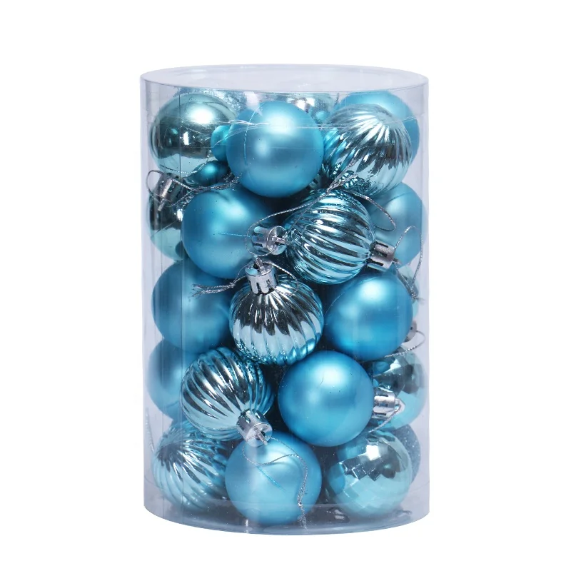 8cm/24pcs Plain blue Hanging Christmas Plastic Balls with shiny/matte/glitter balls for  Christmas Party