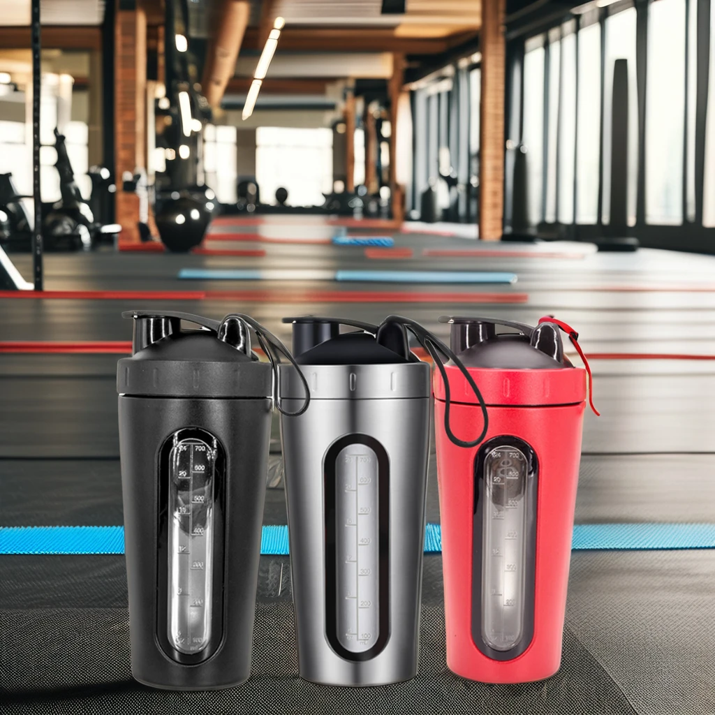 Custom Logo 700ML Shaker Bottle Visual Level Window 304 Stainless Steel Direct Drinking Protein Powder Mixing Adults Gym