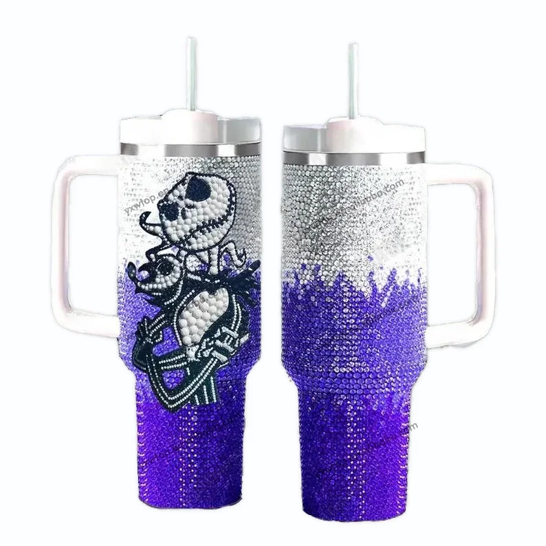 newest custom Halloween Jack Skellington Handmade Rhinestone insulated cups Nightmare Before Christmas 40oz vaccum Bling Tumbler