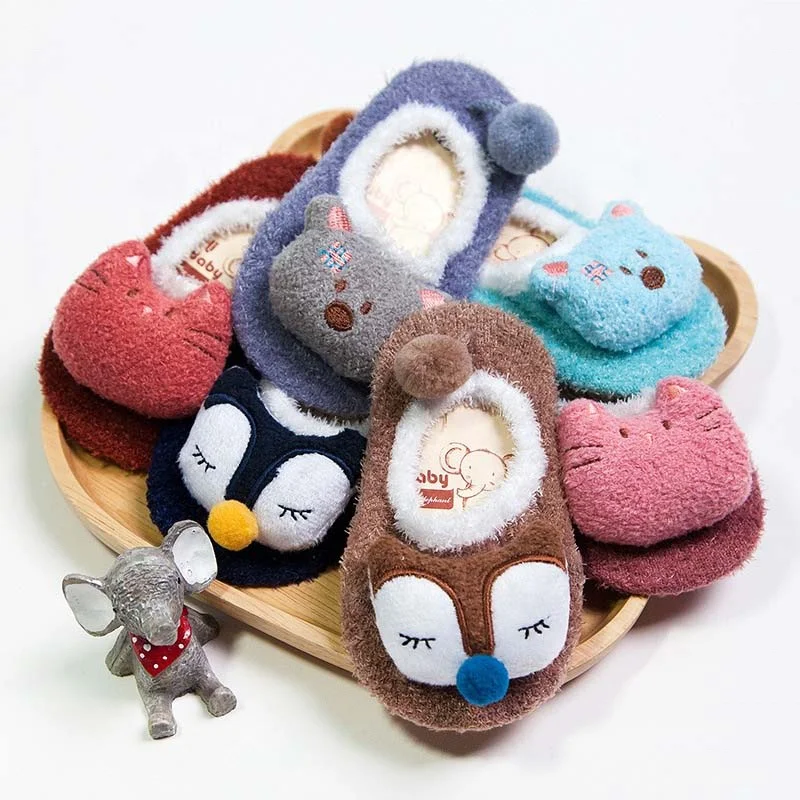 Custom your own brand Christmas fuzzy kids organic shoes pom pom antislip socks kids