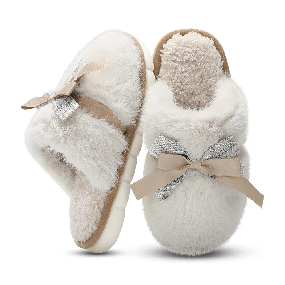 Memory Foam House Slippers with Butterfly Tie for Women Fuzzy Plush Comfy Faux Fur Slippers Anti-Skid Indoor Outdoor Slippers