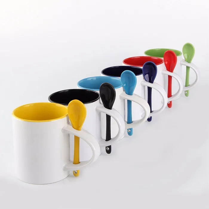 Wholesale 11oz Sublimation Blank Inner Color White Coffee Mug With Spoon