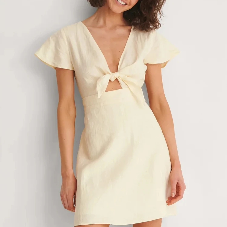 Custom Logo New Design High Quality Tie Front  Dress Mini Casual Dress Spring Summer Women Linen Dresses