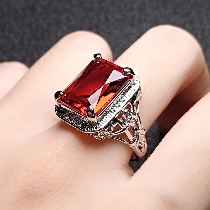 Factory Hot Sale New Pigeon Blood Red Ruby Engagement Ring Cutout Pattern Square Jewelry Emerald Tourmaline Rings