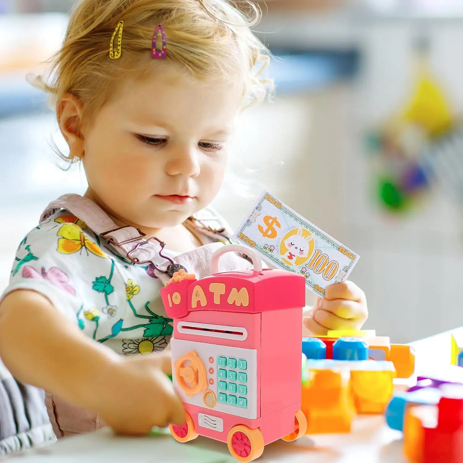 Electronic Piggy Bank For Kids Money Bank with Password Fingerprint Recognition ATM Piggy Bank Money Pink Cart With Wheels