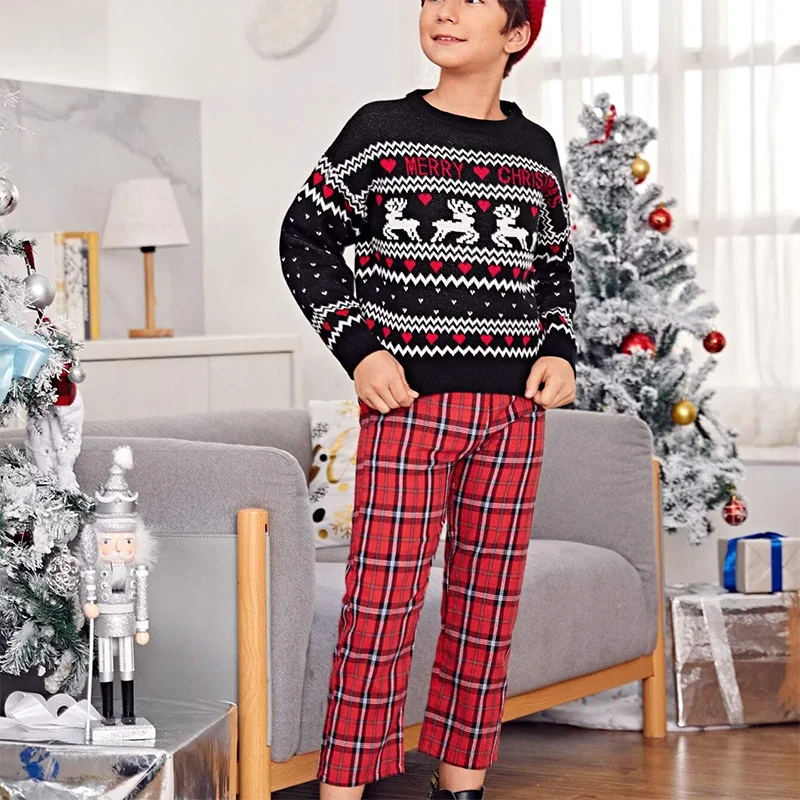 
Custom Winter Lantern Sleeve Knit Jacquard Christmas Sweater For Family Sweater Clothes 