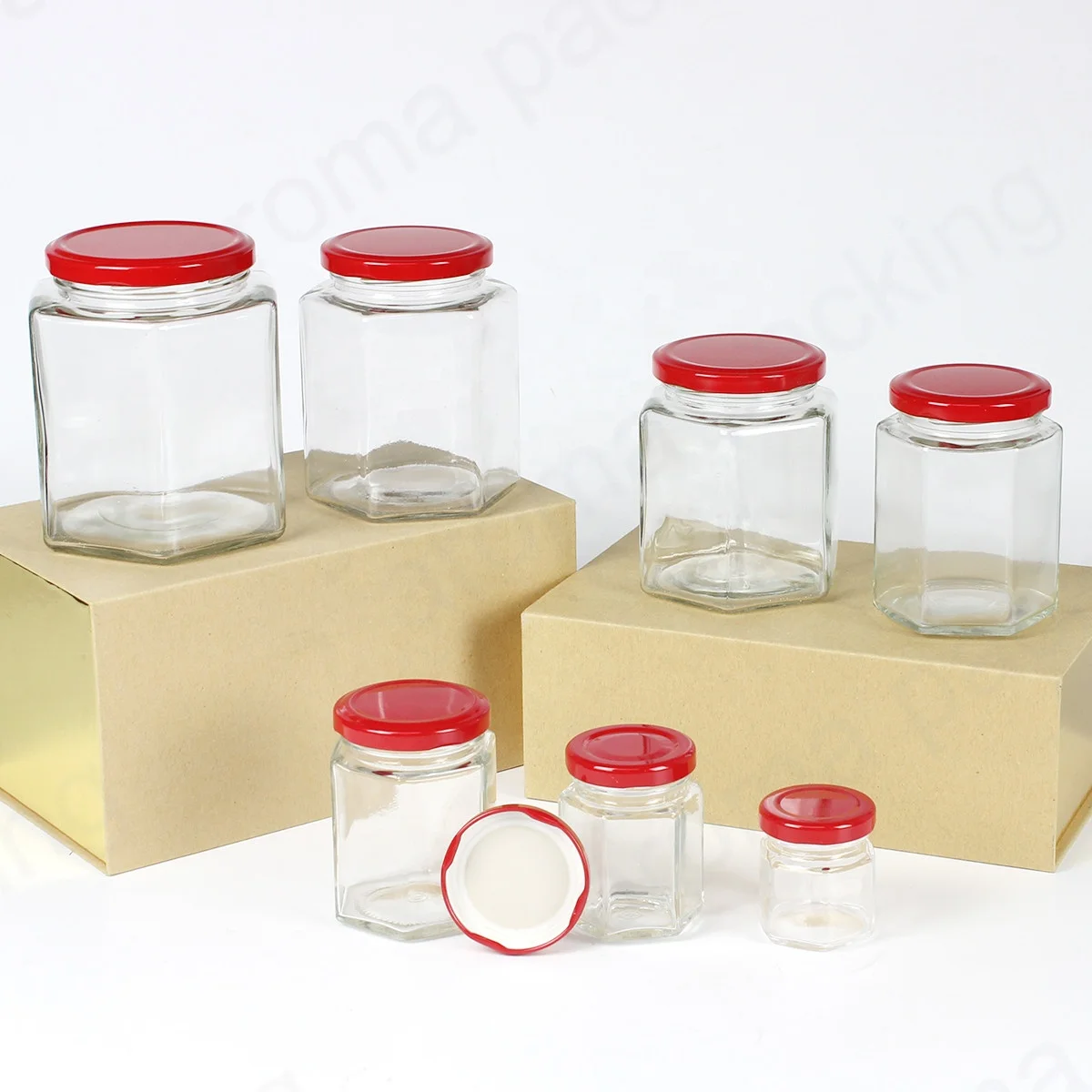 Wholesale 30ml 50ml 60ml Clear Glass Storage Jar Hexagon Kitchen Glass Bottle Round Glass Honey Jar  With Gold Lids