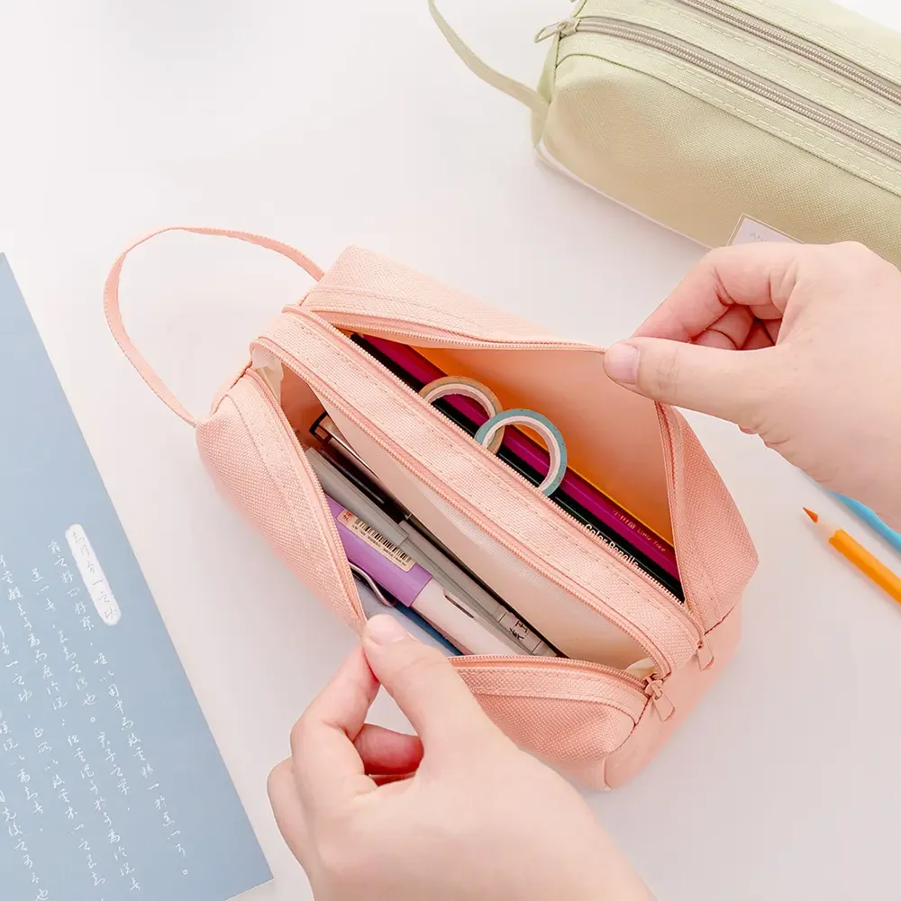 Portable Large Capacity Stationery Bag for Kids Custom Print Double Layers Zipper Canvas Pencil Case Bag Pouch with Handle