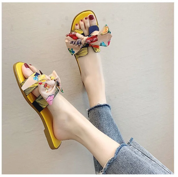 wholesale Summer Popular Women Slide sandal with Bow Decoration Ladies Slipper Printed Flat Slides for girl designer brand