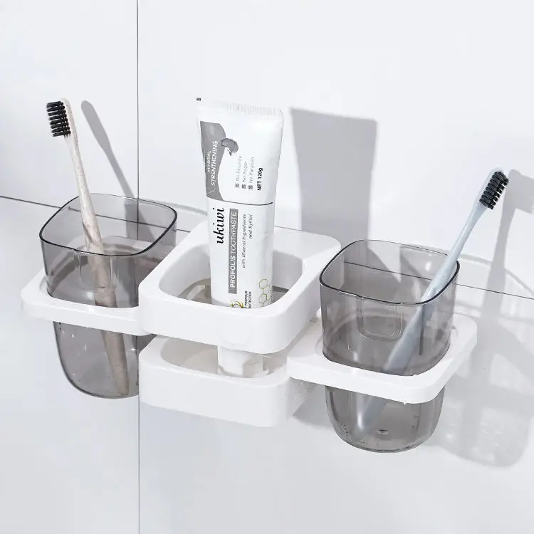 Hot Selling Plastic Wall Mounted Toothbrush Holder Bathroom Accessories Three in One Toothbrush Cup Holder Set
