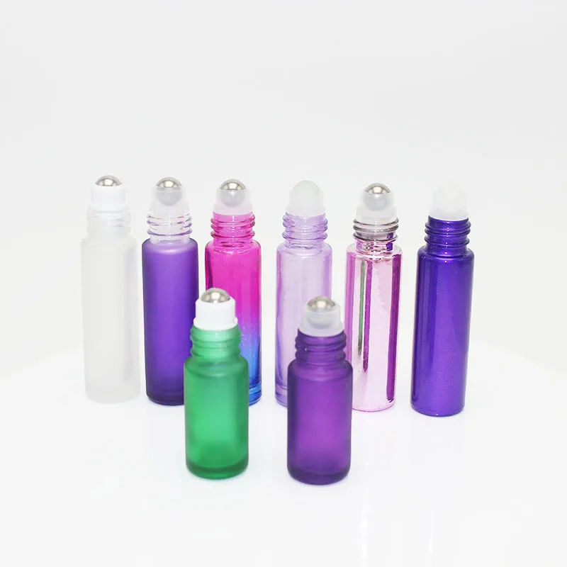 wholesale oem 5ml 10m colorful frosted UV painted roll on glass bottle with aluminum caps and rollers